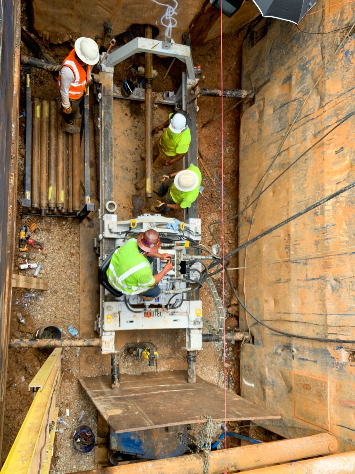 Overhead view of pilot tube micro-tunneling setup
